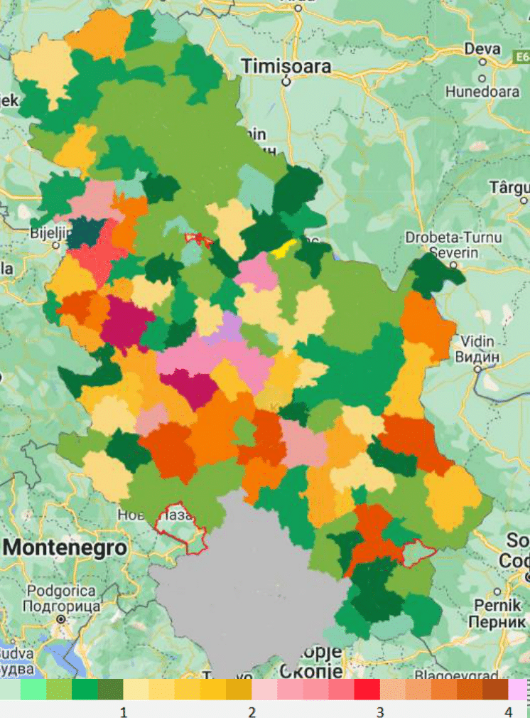 Slika 3 Srednji godišnji broj dana sa štetom od grada na usevima za svaku opštinu.