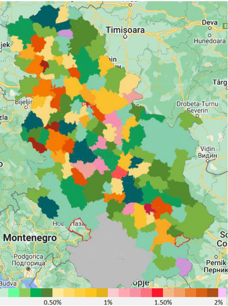 Slika 4 Srednja godišnja površina sa štetom od grada na usevima (izražena u procentima) za svaku opštinu.
